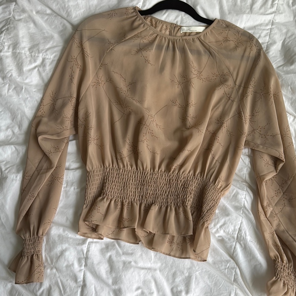 Oak + Fort Tan Smocked Top, Blouse, Sheer